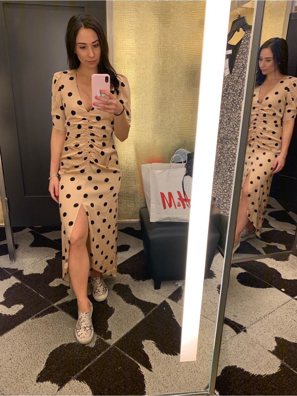 AFRM Beige Satin Maxi Dress with Black Polka Dots